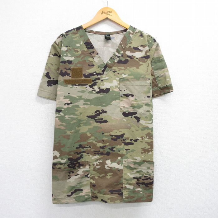 L★古着 半袖 ミリタリー トップス メンズ マルチカムカモ Vネック USA製 緑他 グリーン 迷彩 25jun26 中古