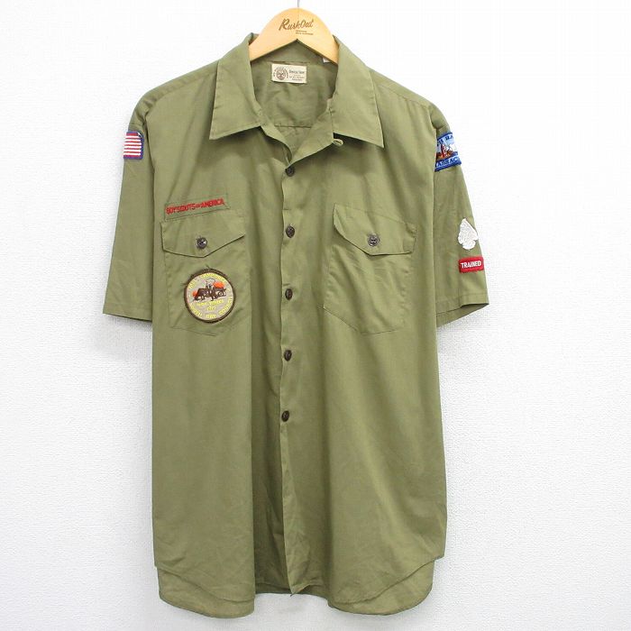 XL★古着 半袖 ボーイスカウト シャツ メンズ 80年代 80s 開襟 オープンカラー USA製 緑 グリーン 25jun26 中古 トップス