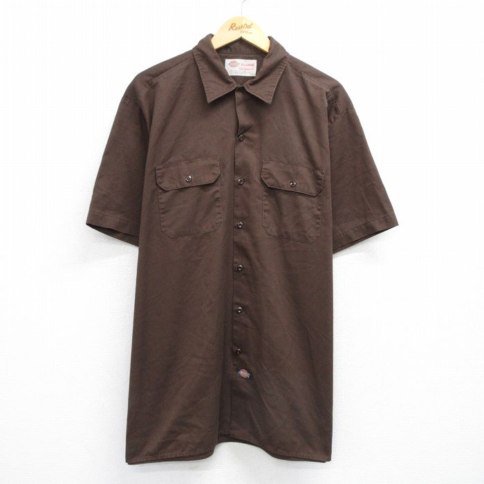 XL★古着 ディッキーズ Dickies 半袖 ワーク シャツ メンズ 00年代 00s 大きいサイズ ロング丈 こげ茶 ブラウン 25jun26 中古 トップス