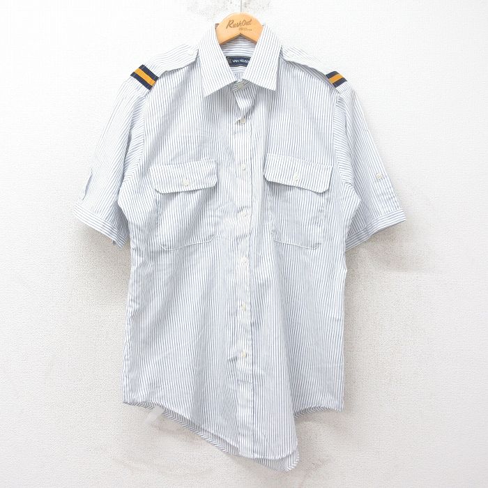 L★古着 バンヒューセン 半袖 ワーク シャツ メンズ 90年代 90s USA製 白他 ホワイト ストライプ 25jun27 中古 トップス