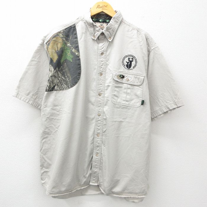 XL★古着 半袖 ハンティング シャツ メンズ モッシーオーク シカ 大きいサイズ コットン 薄ベージュ カーキ 25jul04 中古 トップス