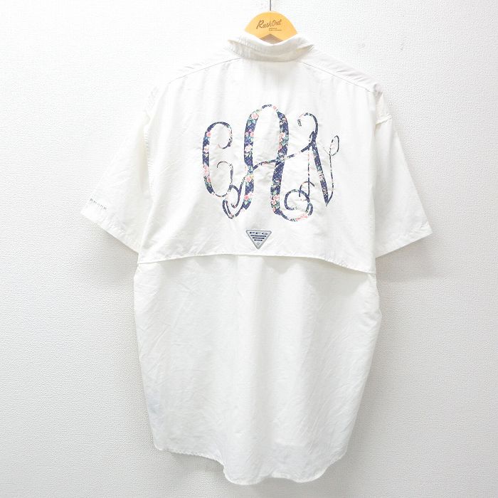 XL★古着 コロンビア COLUMBIA 半袖 フィッシング シャツ メンズ PFG CAN 花 大きいサイズ ボタンダウン 白 ホワイト 内側メッシュ 25jul04 中古 トップス