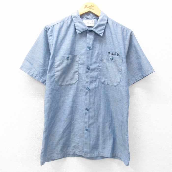 M★古着 半袖 シャンブレー シャツ メンズ 80年代 80s 薄紺 ネイビー 【spe】 25jul04 中古 トップス