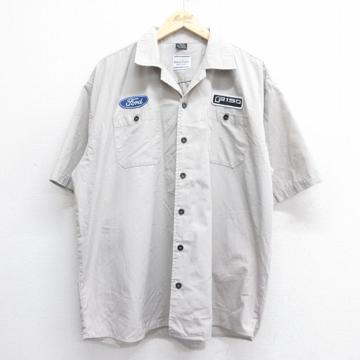 XL★古着 半袖 ワーク シャツ メンズ フォード Ford 大きいサイズ 開襟 オープンカラー 薄グレー 25jul07 中古 トップス