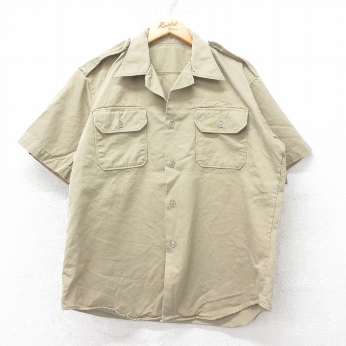 L★古着 半袖 ビンテージ ミリタリー シャツ メンズ 70年代 70s コットン 開襟 オープンカラー ベージュ カーキ 25jul07 中古 トップス