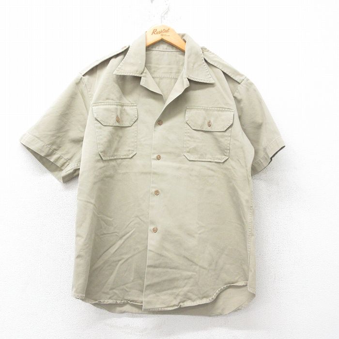 L★古着 半袖 ビンテージ ミリタリー シャツ メンズ50年代 50s コットン 開襟 オープンカラー ベージュ カーキ 25jul07 中古 メンズ トップス