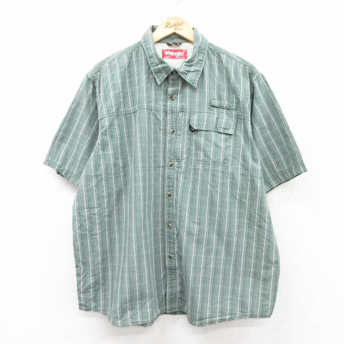 XL★古着 ラングラー Wrangler 半袖 フィッシング シャツ メンズ 大きいサイズ コットン 緑他 グリーン チェック 内側メッシュ 25aug05 中古 トップス