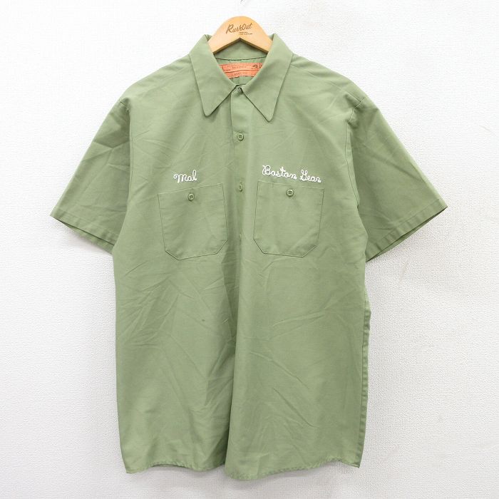 XL★古着 レッドキャップ 半袖 ワーク シャツ メンズ 80年代 80s チェーンステッチ刺? ロング丈 濃緑系 グリーン 25aug05 中古 トップス