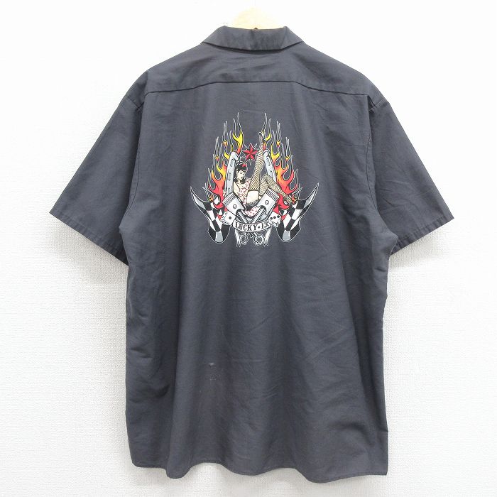 XL★古着 レッドキャップ ラッキーサーティーン 半袖 ワーク シャツ メンズ 00年代 00s 女性 大きいサイズ ロング丈 濃グレー 26mar31