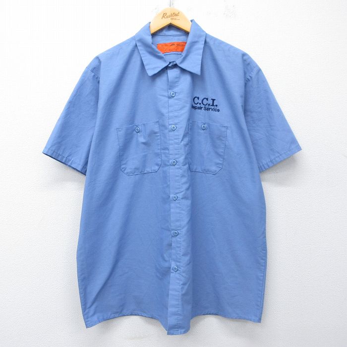 XL★古着 レッドキャップ 半袖 ワーク シャツ メンズ 90年代 90s CCI 大きいサイズ ロング丈 薄紺 26apr02