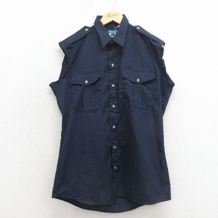 L★古着 ノースリーブ ワーク シャツ メンズ 90年代 90s USA製 紺 26apr13