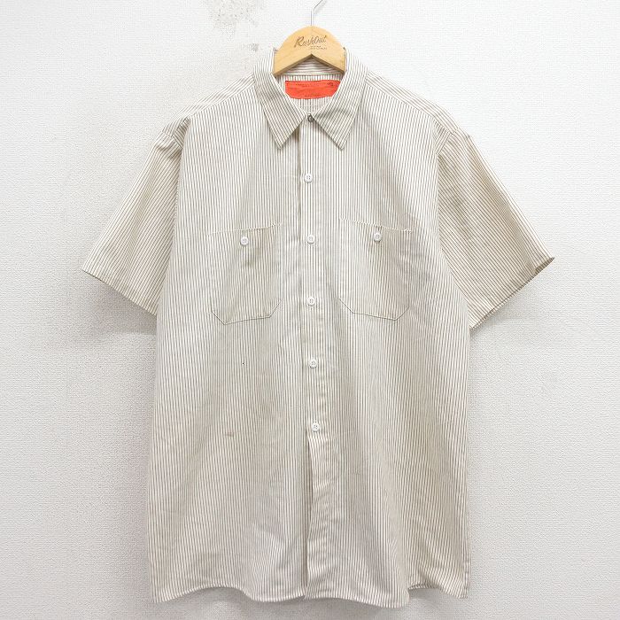 XL★古着 レッドキャップ 半袖 ワーク シャツ メンズ 80年代 80s ロング丈 ベージュ他 ストライプ 26apr13