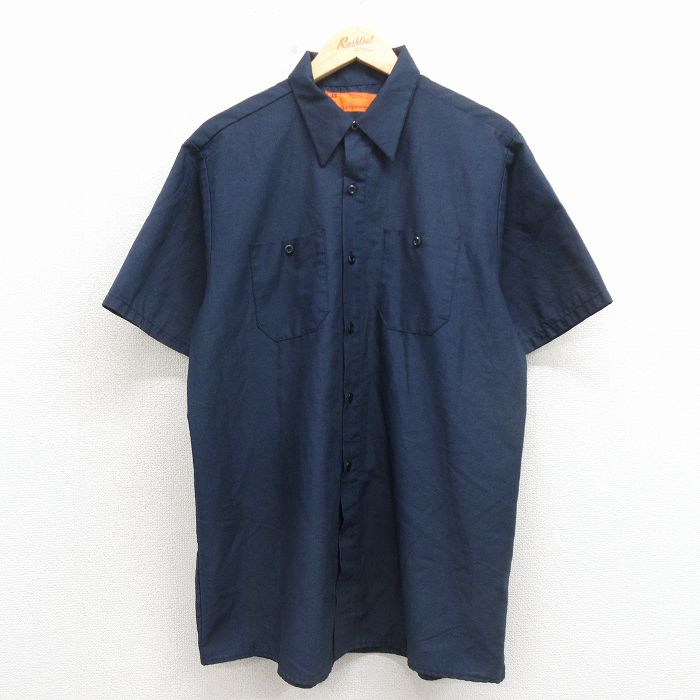 XL★古着 レッドキャップ 半袖 ワーク シャツ メンズ 80年代 80s ロング丈 USA製 紺 26apr13