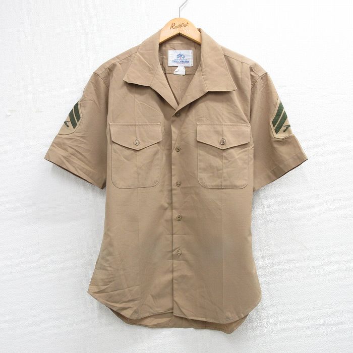L★古着 半袖 ミリタリー シャツ メンズ 00年代 00s 開襟 オープンカラー USA製 ベージュ 26apr25