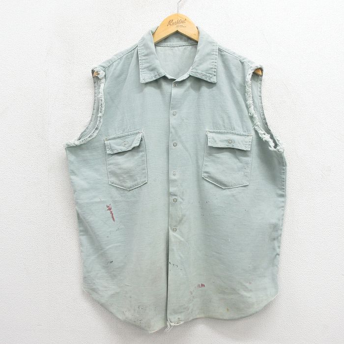 80s ノースリーブワークシャツ グリーン XL | 古着