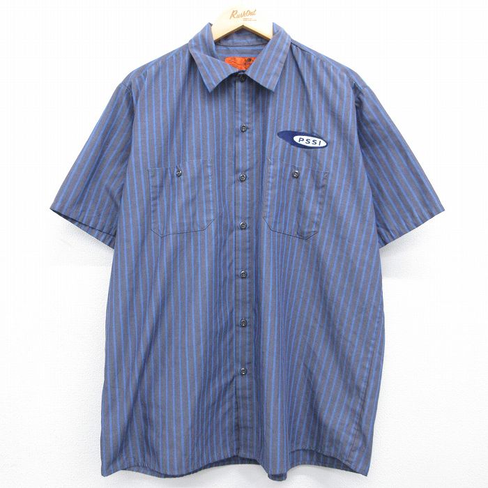レッドキャップ 00s 半袖ワークシャツ ストライプ ネイビー XL | 古着