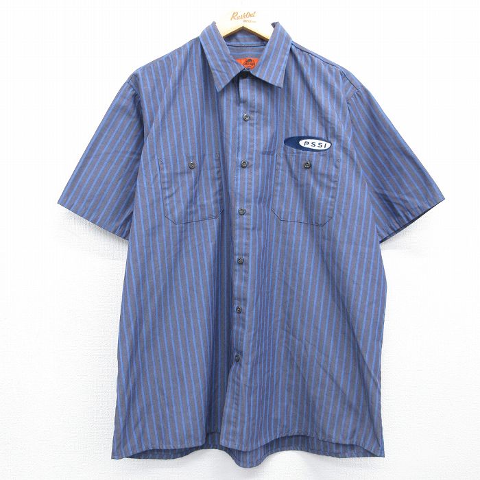 レッドキャップ 00s 半袖ワークシャツ ストライプ ネイビー XL | 古着