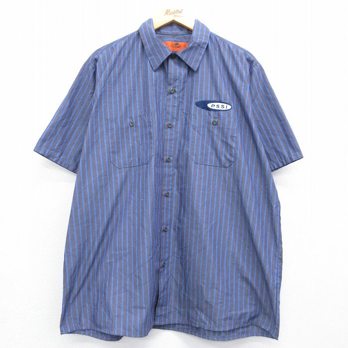 レッドキャップ 00s 半袖ワークシャツ ストライプ ネイビー XL | 古着