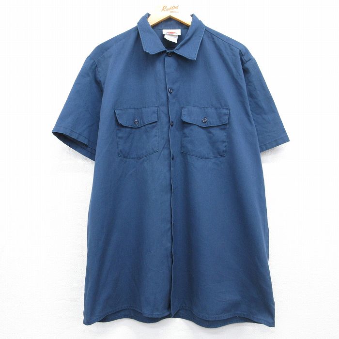 XL★古着 ディッキーズ 半袖 ワーク シャツ メンズ 90年代 90s 大きいサイズ ロング丈 USA製 ネイビー【spe】 26may13