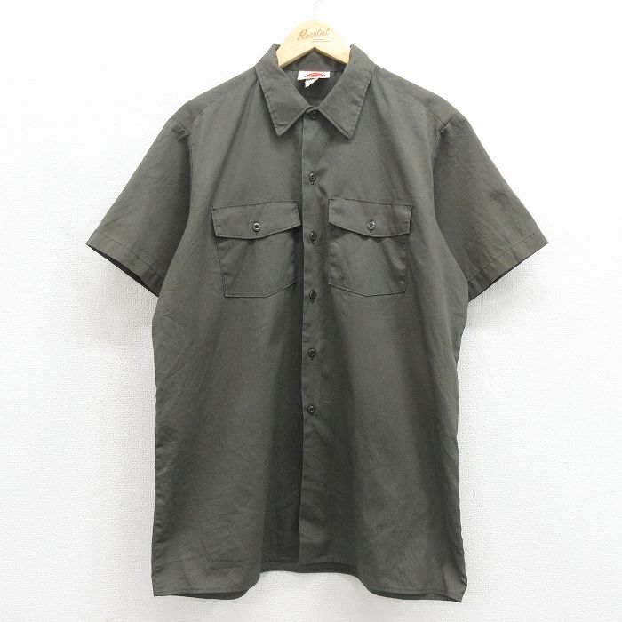 XL★古着 ディッキーズ 半袖 ワーク シャツ メンズ 90年代 90s ロング丈 USA製 カーキ 26may27