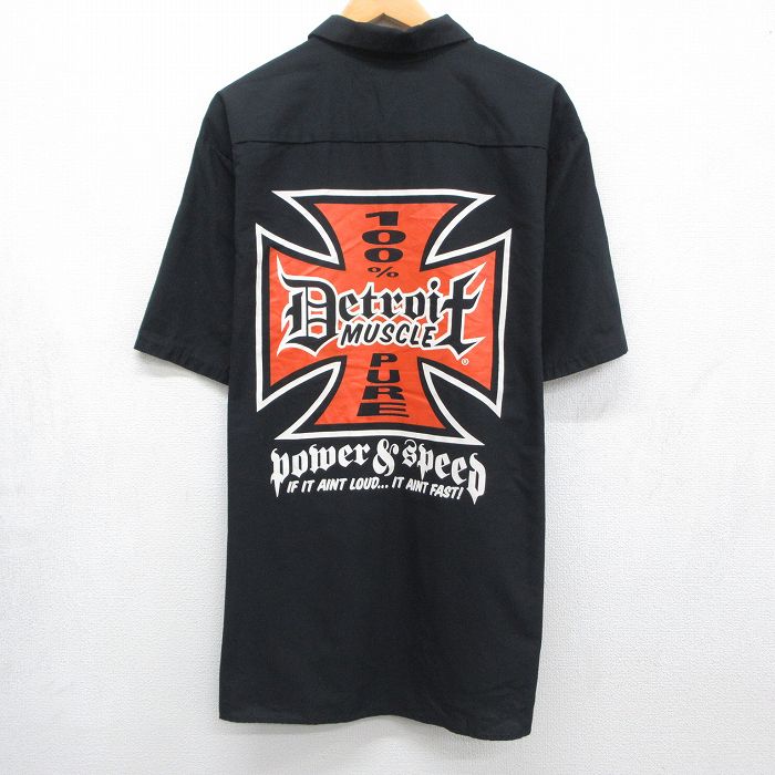 XL★古着 レッドキャップ 半袖 ワーク シャツ メンズ 00年代 00s デトロイト アイアンクロス 大きいサイズ ロング丈 ブラック 26jun03