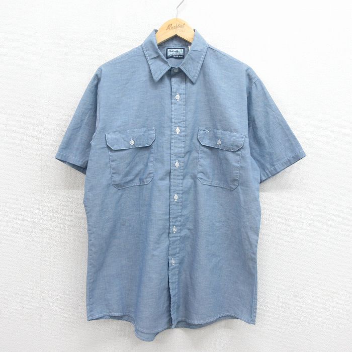 XL★古着 半袖 シャンブレー シャツ メンズ 80年代 80s USA製 ライトブルー 26jun12