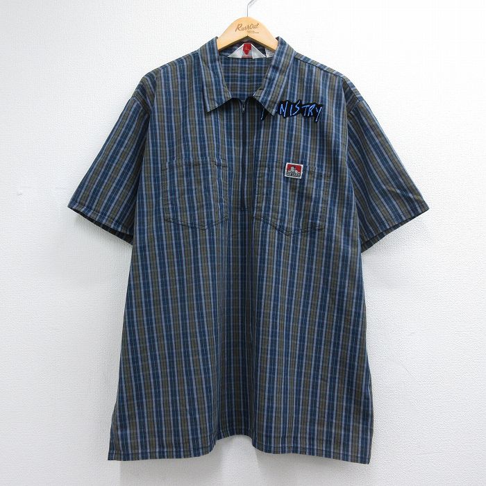 ベンデイビス 00s 半袖ハーフジップワークシャツ MINISTRYチェック ネイビー メンズXL相当 | 古着