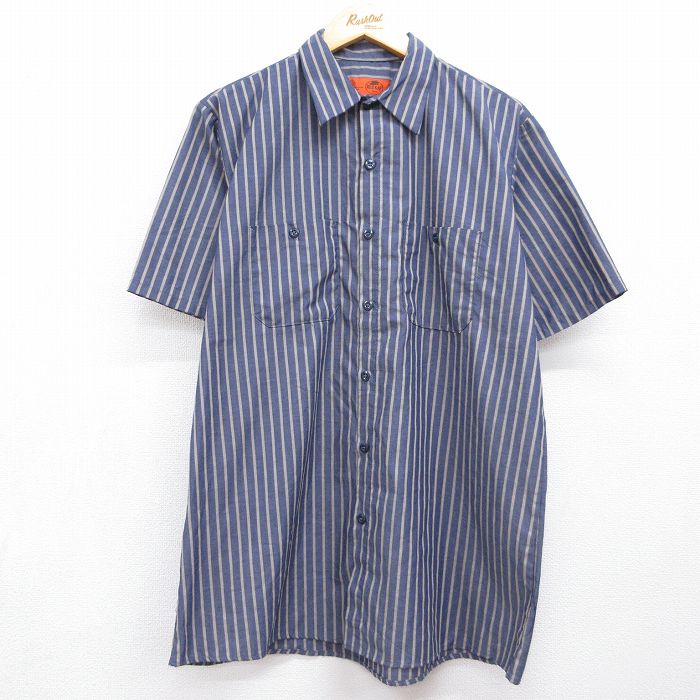 XL★古着 レッドヘッド 半袖 ワーク シャツ メンズ 00年代 00s ネイビー ストライプ 26jul04