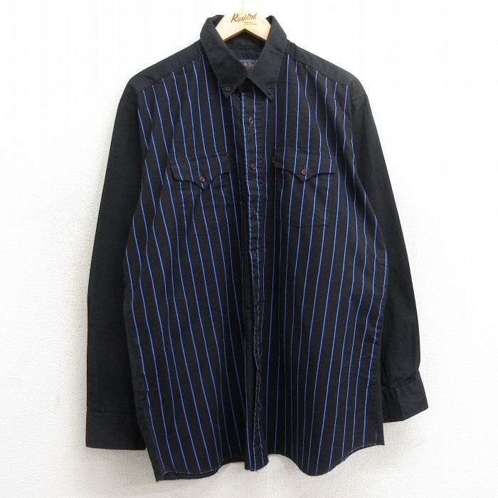 【30%OFF】XL★古着 長袖 ウエスタン シャツ メンズ 90年代 90s 大きいサイズ ロング丈 ボタンダウン 黒他 ブラック ストライプ 24apr22 中古 トップス