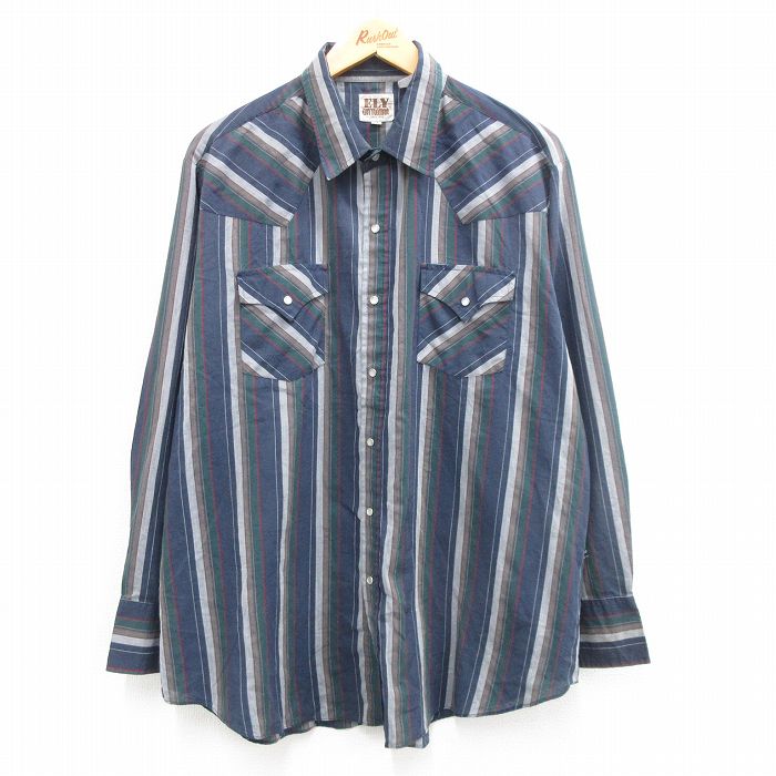 XL★古着 ELY 長袖 ウエスタン シャツ メンズ 90年代 90s 大きいサイズ 紺他 ネイビー ボーダー 24may30 中古 トップス