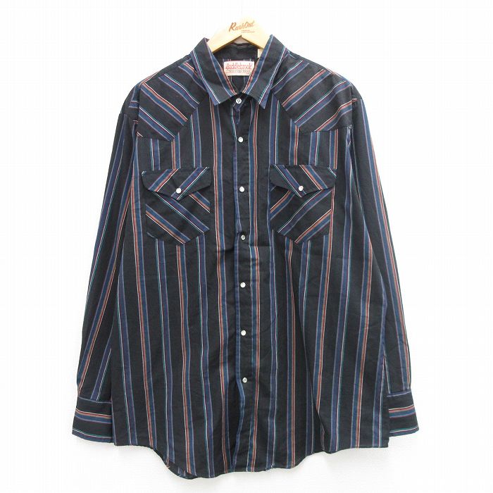XL★古着 長袖 ウエスタン シャツ メンズ 90年代 90s 大きいサイズ ロング丈 黒他 ブラック ストライプ 24jun07 中古 トップス