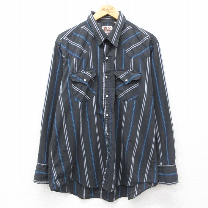【20%OFF】XL★古着 ELY 長袖 ウエスタン シャツ メンズ 90年代 90s 大きいサイズ 黒 ブラック ストライプ 24oct21 中古 トップス