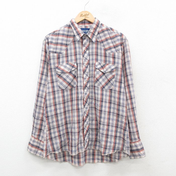 XL★古着 ラングラー Wrangler 長袖 ウエスタン シャツ メンズ 90年代 90s ベージュ他 カーキ チェック 24dec04 中古 トップス