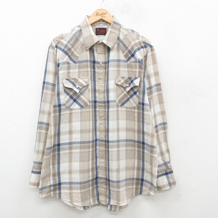 XL★古着 長袖 ウエスタン シャツ メンズ ロング丈 ベージュ他 カーキ チェック 24dec04 中古 トップス