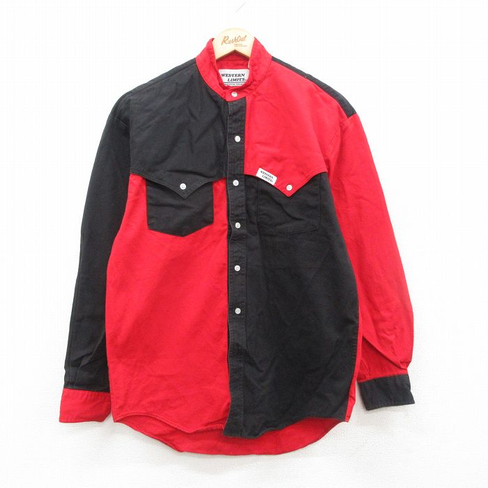 【20%OFF】L★古着 長袖 ウエスタン シャツ メンズ 90年代 90s ツートンカラー コットン ノーカラー USA製 赤他 レッド 24dec05 中古 トップス