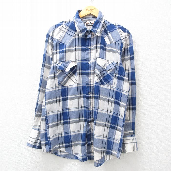 L★古着 KARMAN 長袖 ウエスタン シャツ メンズ 90年代 90s 紺他 ネイビー チェック 24dec11 中古 トップス