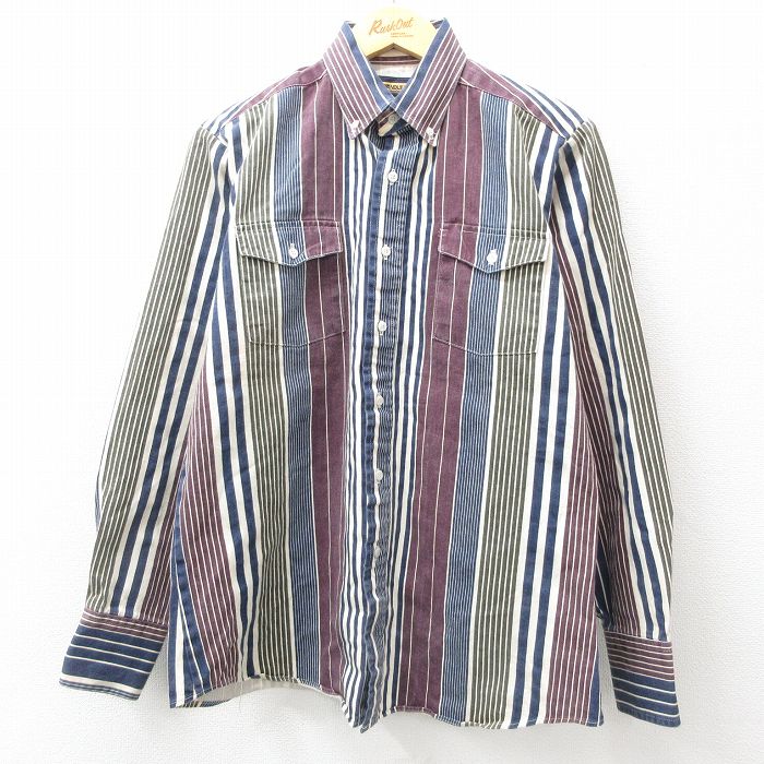 L★古着 長袖 ウエスタン シャツ メンズ 90年代 90s ボタンダウン 濃紺他 ネイビー ストライプ 24dec11 中古 トップス