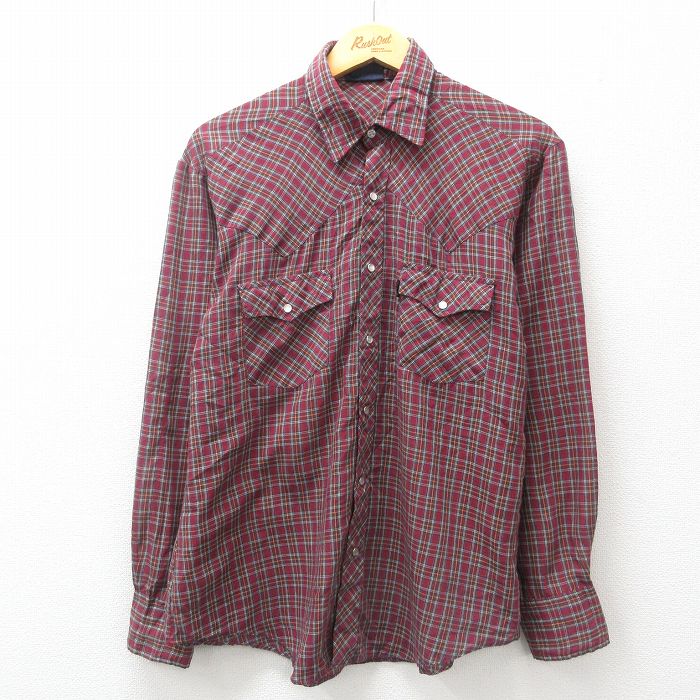 L★古着 ビッグヤンク 長袖 ウエスタン シャツ メンズ 90年代 90s エンジ他 チェック 24dec11 中古 トップス