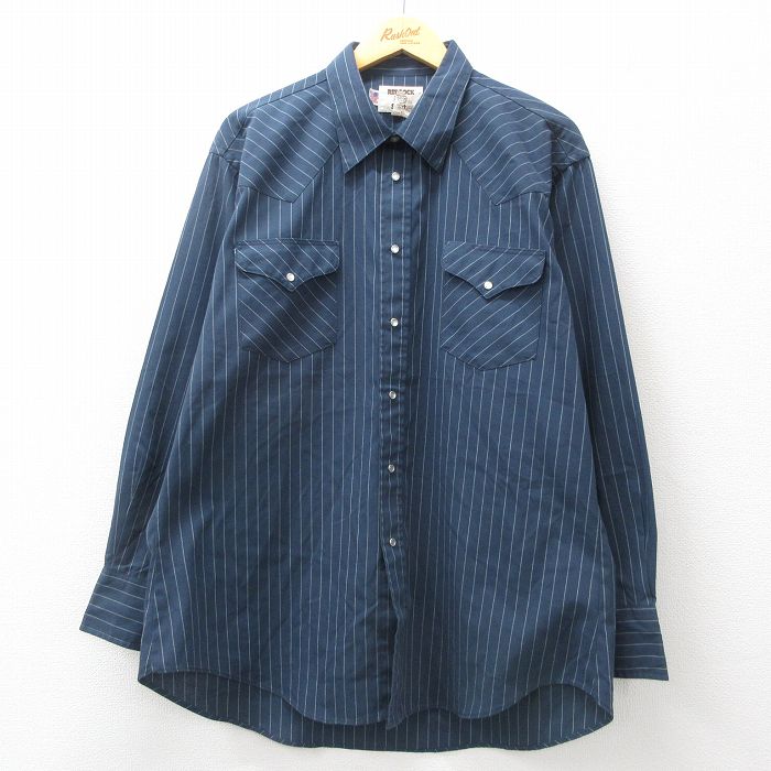 【20%OFF】XL★古着 長袖 ウエスタン シャツ メンズ 90年代 90s 大きいサイズ USA製 紺他 ネイビー ストライプ 24dec11 中古 トップス