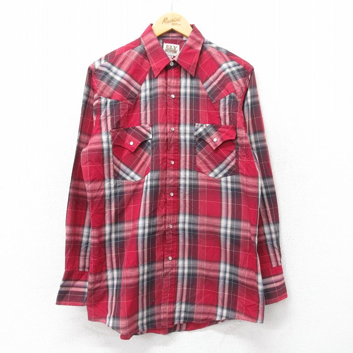 M★古着 ELY 長袖 ウエスタン シャツ メンズ 90年代 90s ロング丈 赤他 レッド チェック 24dec13 中古 トップス