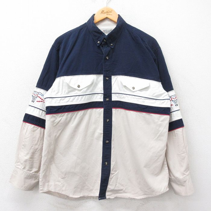 【20%OFF】L★古着 長袖 ウエスタン シャツ メンズ バッファロースカル コットン ボタンダウン 紺他 ネイビー 24dec13 中古 トップス