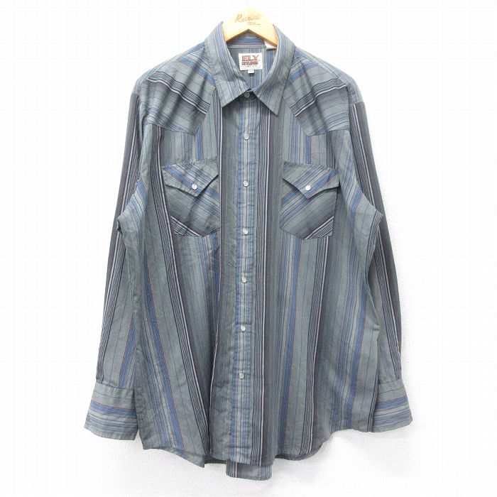 XL★古着 ELY 長袖 ウエスタン シャツ メンズ 90年代 90s 大きいサイズ ロング丈 グレー他 ストライプ 24dec13 中古 トップス