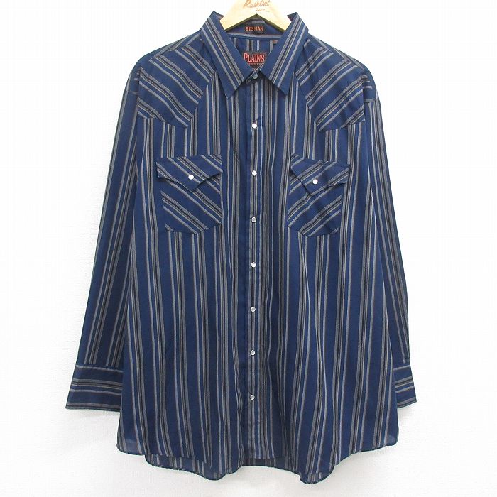 【20%OFF】XL★古着 長袖 ウエスタン シャツ メンズ 00年代 00s 大きいサイズ ロング丈 紺他 ネイビー ストライプ 25jan27 中古 トップス