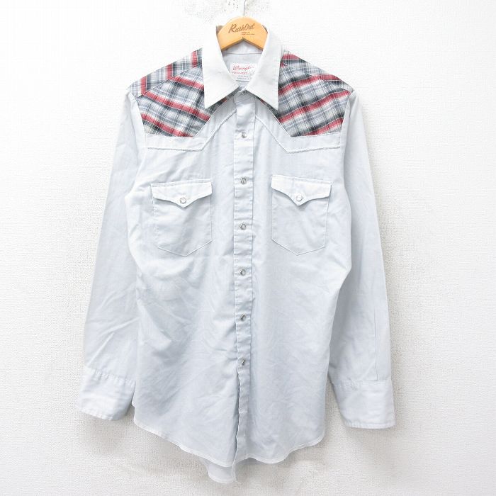 M★古着 ラングラー Wrangler 長袖 ウエスタン シャツ メンズ 80年代 80s USA製 薄グレー 25feb17 中古 トップス