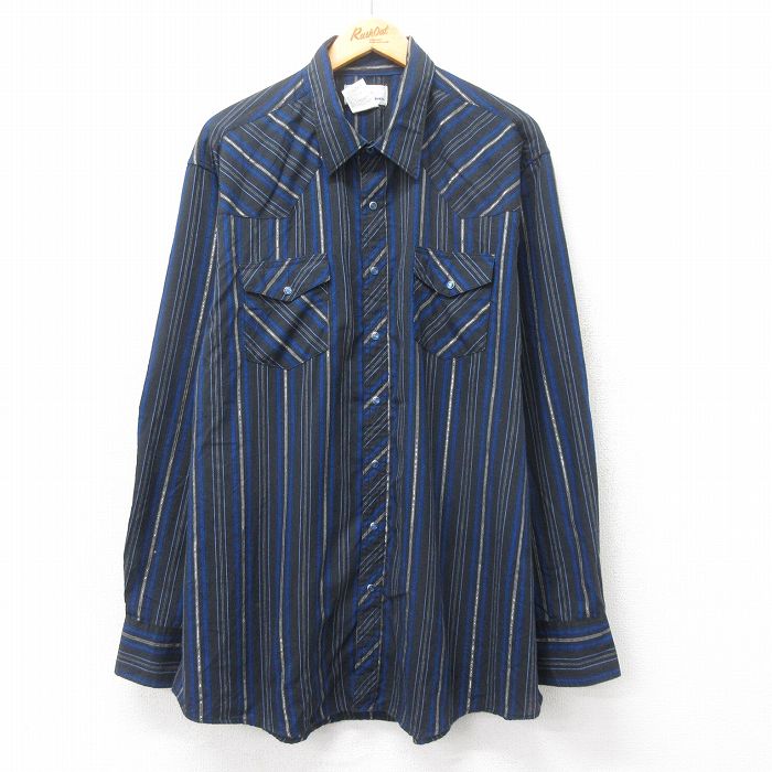 【20%OFF】XL★古着 ラングラー Wrangler 長袖 ウエスタン シャツ メンズ 大きいサイズ ロング丈 紺他 ネイビー ストライプ 25feb17 中古 トップス