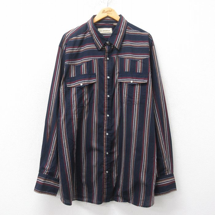 XL★古着 長袖 ウエスタン シャツ メンズ 大きいサイズ ロング丈 紺他 ネイビー ストライプ 25feb17 中古 トップス