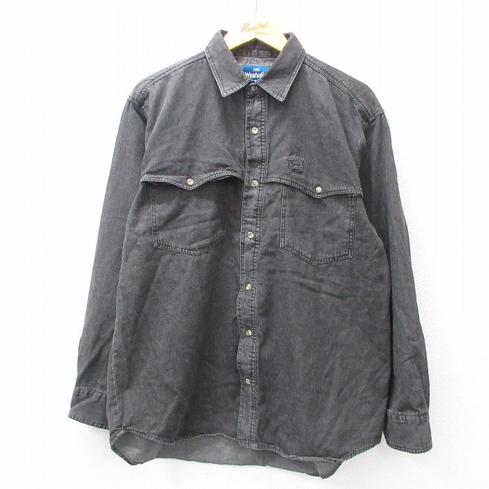 L★古着 ラングラー Wrangler 長袖 ウエスタン シャツ メンズ コットン 黒 ブラック デニム 25feb21 中古 トップス