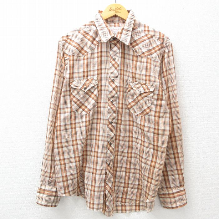 XL★古着 ラングラー Wrangler 長袖 ウエスタン シャツ メンズ 80年代 80s USA製 ベージュ他 カーキ チェック 25feb21 中古 トップス