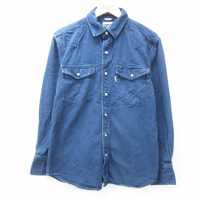M★古着 カーハート Carhartt 長袖 ウエスタン シャツ メンズ コットン 紺 ネイビー デニム 25feb21 中古 トップス