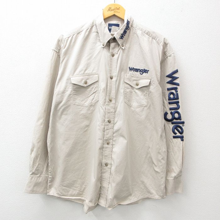 L★古着 ラングラー Wrangler 長袖 ウエスタン シャツ メンズ ビッグロゴ 刺繍 ボタンダウン ベージュ カーキ 25feb21 中古 トップス